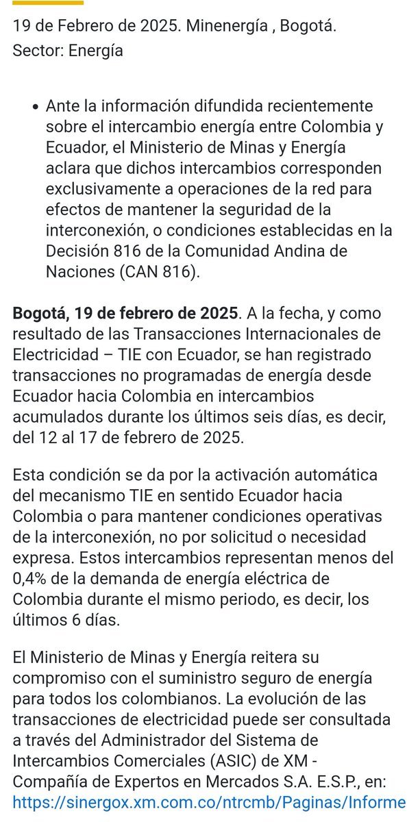 EcEnDirecto's tweet image. #ATENCIÓN 
Mediante un #comunicado el Ministerio de Minas y Energía de #Colombia, indica que los intercambios de energía &quot;se dan por la activación automática del mecanismo TIE en sentido a Ecuador hacia #Colombia o para mantener condiciones operativas de la de la #interconexión,…