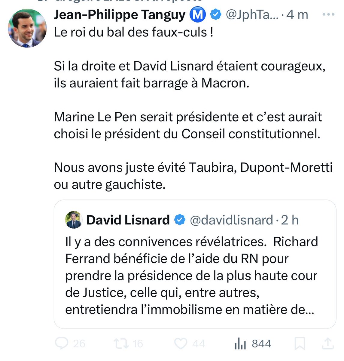 .<a href="/JphTanguy/">Jean-Philippe Tanguy Ⓜ️</a> ment. Taubira et Dupont-Moretti n’avaient aucune chance d’être nommés. Personne n’est dupe. 

Le RN n’avait qu’une seule attitude à avoir : voter contre tout candidat proposé par Macron. 

Leur trahison ne souffre aucune excuse. 

Les faux-culs c’est eux ! 🚮