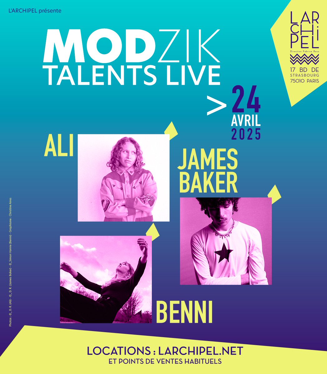 [annonce concert]
🗓️ <a href="/ModzikMagazine/">MODZIK 🎤</a> TALENTS LIVE le 24/04
(ALI, BENNI et <a href="/James_Bkrr/">James Baker</a>)
🎟️14€
🎼Divers genres
ℹ️ larchipel.net/spectacle/modz…
Cet événement fédérateur mêle musique et mode avec l’ambition de devenir le RDV live incontournable des talents d’aujourd’hui et de demain.