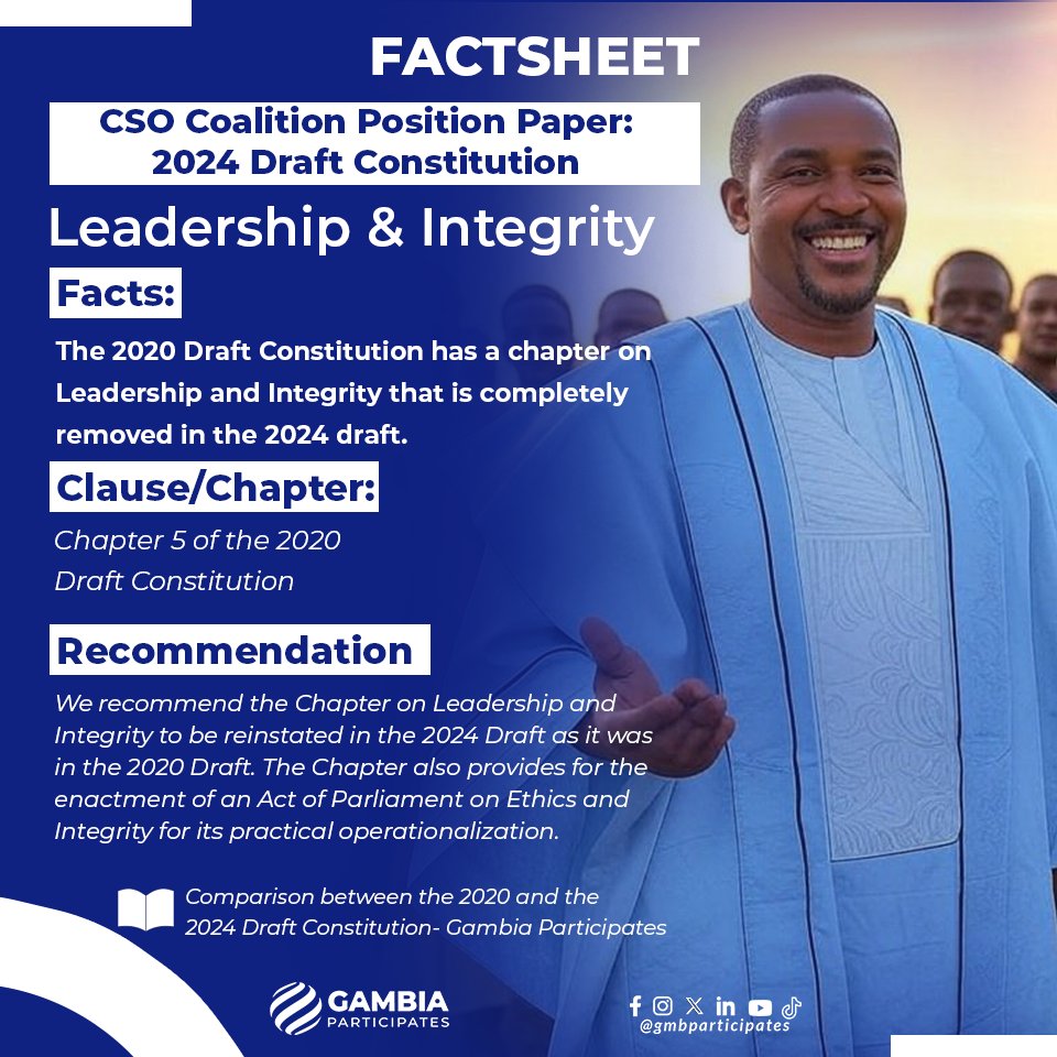 gmbparticipates's tweet image. ''It is essential to have this Chapter as it provides a Code of Conduct for Public Officials, which is an advancement on section 222 of the 1997 Constitution'' - Notes on Recommendation

#Gambiaconstitution #Leadership #intergrity #2024draft #gambiaparticipates