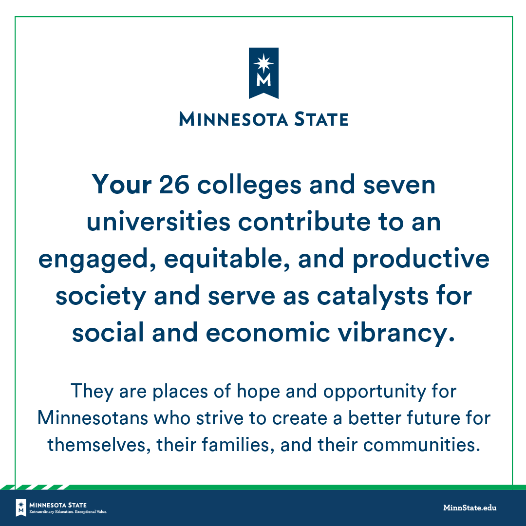 MinnStateEdu's tweet photo. Invest in Minnesota State to support the growth and advancement of Minnesota’s future workforce. For legislative info visit https://t.co/lCcPCj2BXG. #FundMinnesotaState #mnleg https://t.co/fqBLTawvD8