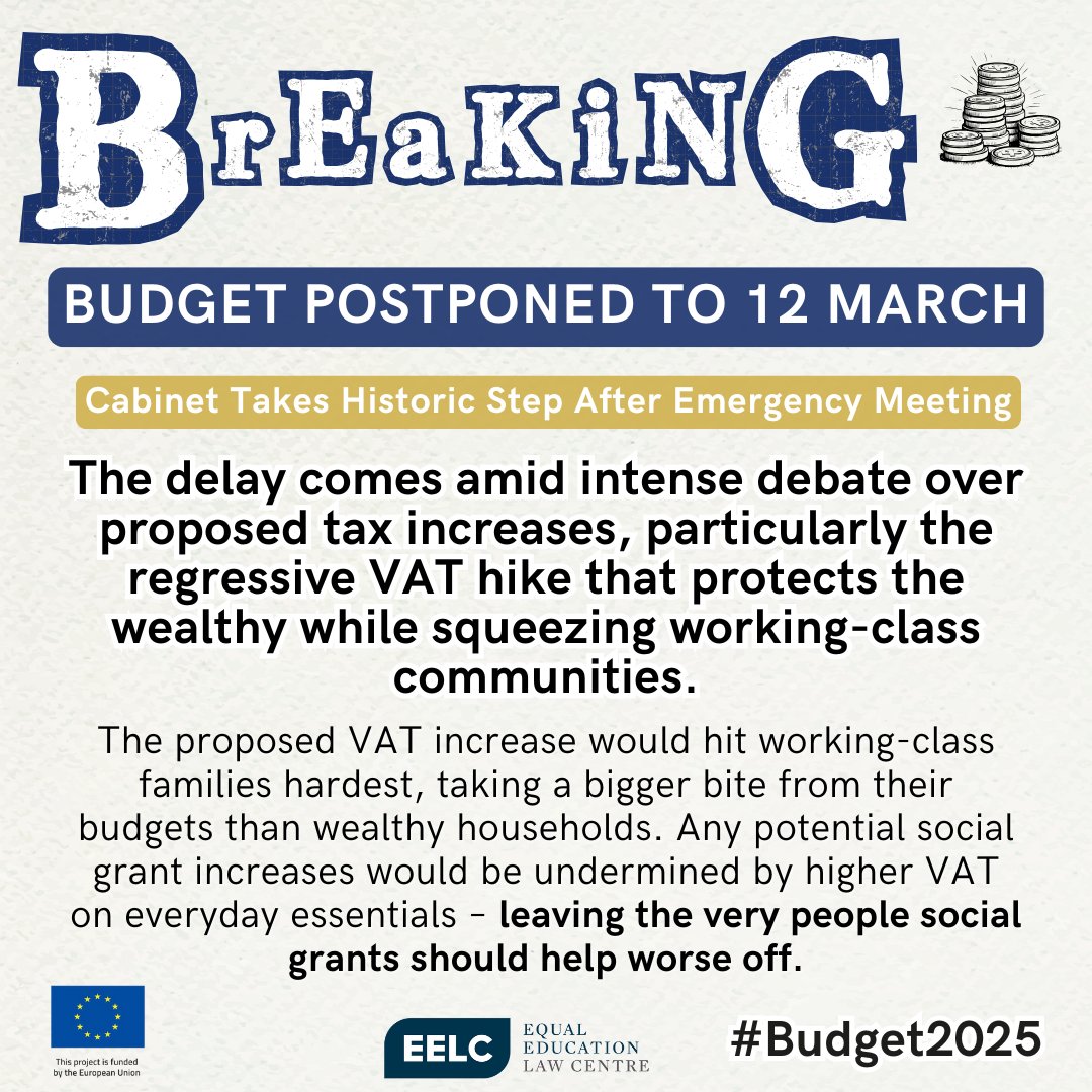 EElawcentre's tweet photo. [ANNOUNCEMENT🚨] In an unprecedented development, Cabinet has postponed #Budget2025. 

We demand this delay lead to real alternatives for raising revenue from those who can afford it, not cuts to the social spending working class &amp; marginalised communities are entitled to &amp; need. https://t.co/EDgjt8dgzm