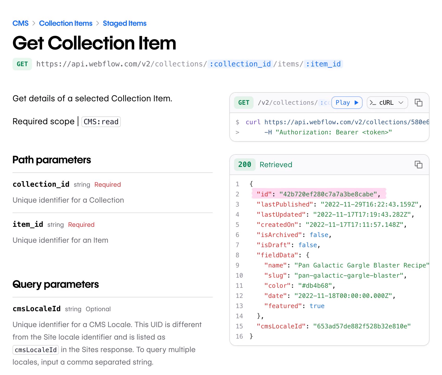 Screenshot from https://developers.webflow.com/v2.0.0/data/reference/cms/collection-items/staged-items/get-item — the JSON response is near-identical to the webhook payload, but only includes the "id". Sad!