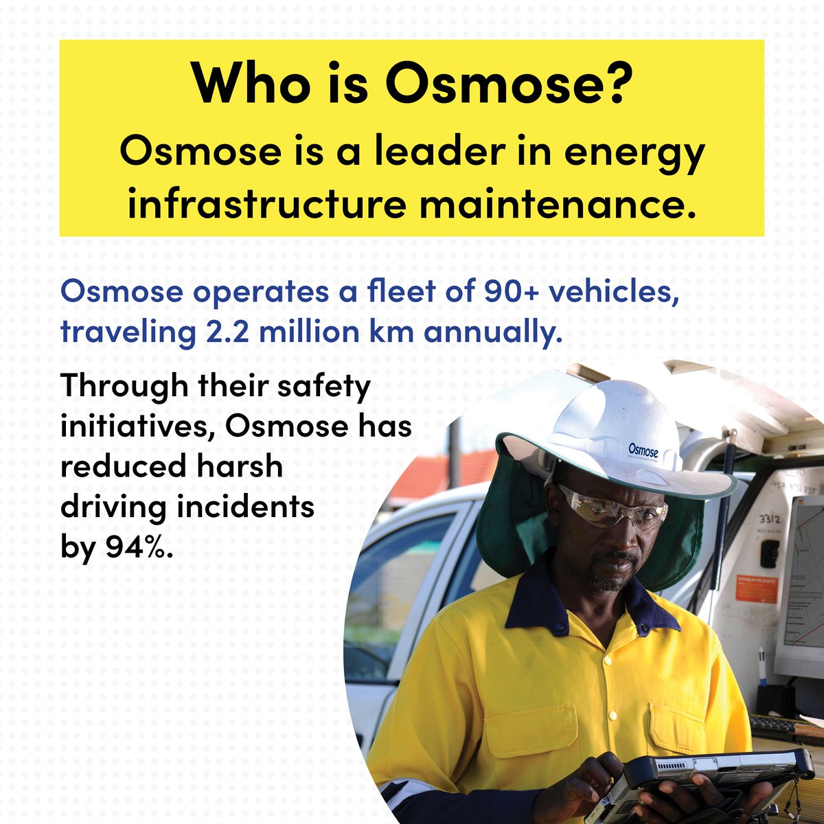 NRSPPaus's tweet photo. Osmose leads energy infrastructure maintenance with a fleet of 90+ vehicles. Each year, they cover 2.2 million kilometres and have achieved a 94% reduction in harsh driving incidents. https://t.co/bSaO3fB94i