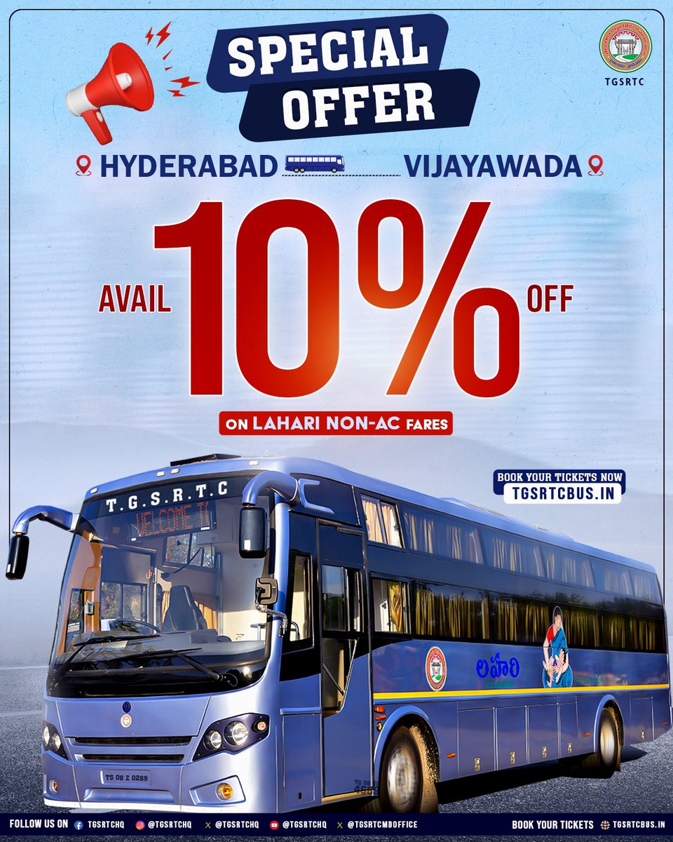 TGSRTCHQ's tweet image. Your journey from Hyderabad to Vijayawada just got more budget-friendly!
Avail a flat 10% discount on Lahari Non-AC & Super Luxury fares and an 8% discount on Rajadhani AC bus fares.
Book your tickets now at tgsrtcbus.in
@revanth_anumula @Ponnam_INC @TelanganaCMO…