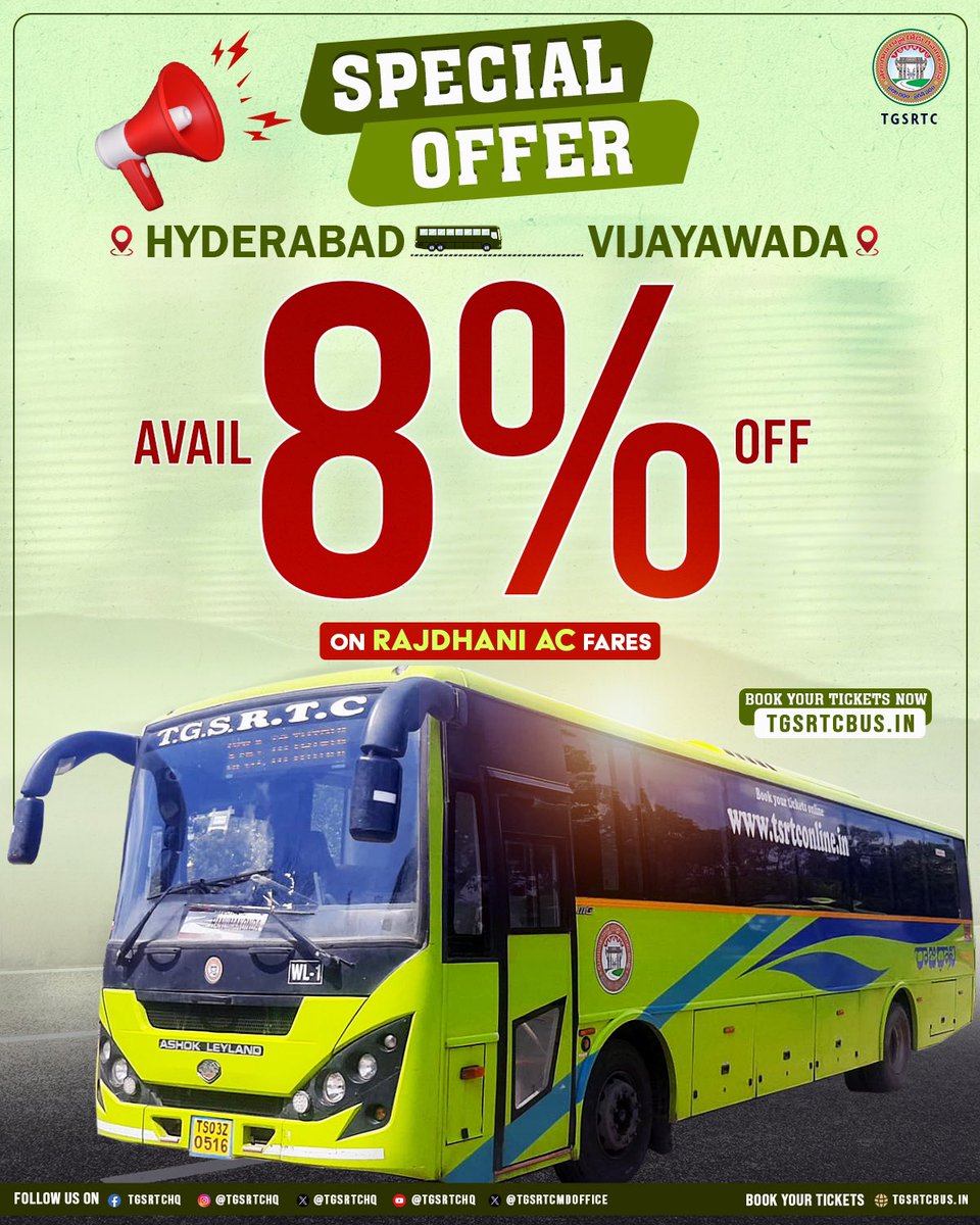 TGSRTCHQ's tweet image. Your journey from Hyderabad to Vijayawada just got more budget-friendly!
Avail a flat 10% discount on Lahari Non-AC & Super Luxury fares and an 8% discount on Rajadhani AC bus fares.
Book your tickets now at tgsrtcbus.in
@revanth_anumula @Ponnam_INC @TelanganaCMO…