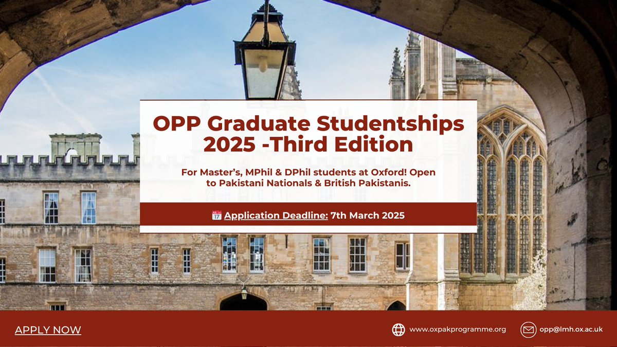 OxfordPakistan's tweet photo. (1/7)📢 OPP Graduate Studentships 2025 – Applications Now Open! 🎓🇵🇰

The Oxford Pakistan Programme (OPP) is pleased to announce the third edition of its Graduate Studentships Programme for on-course Master’s, MPhil, &amp; DPhil students at @UniofOxford  @lmhoxford https://t.co/pRZ99k9iJr