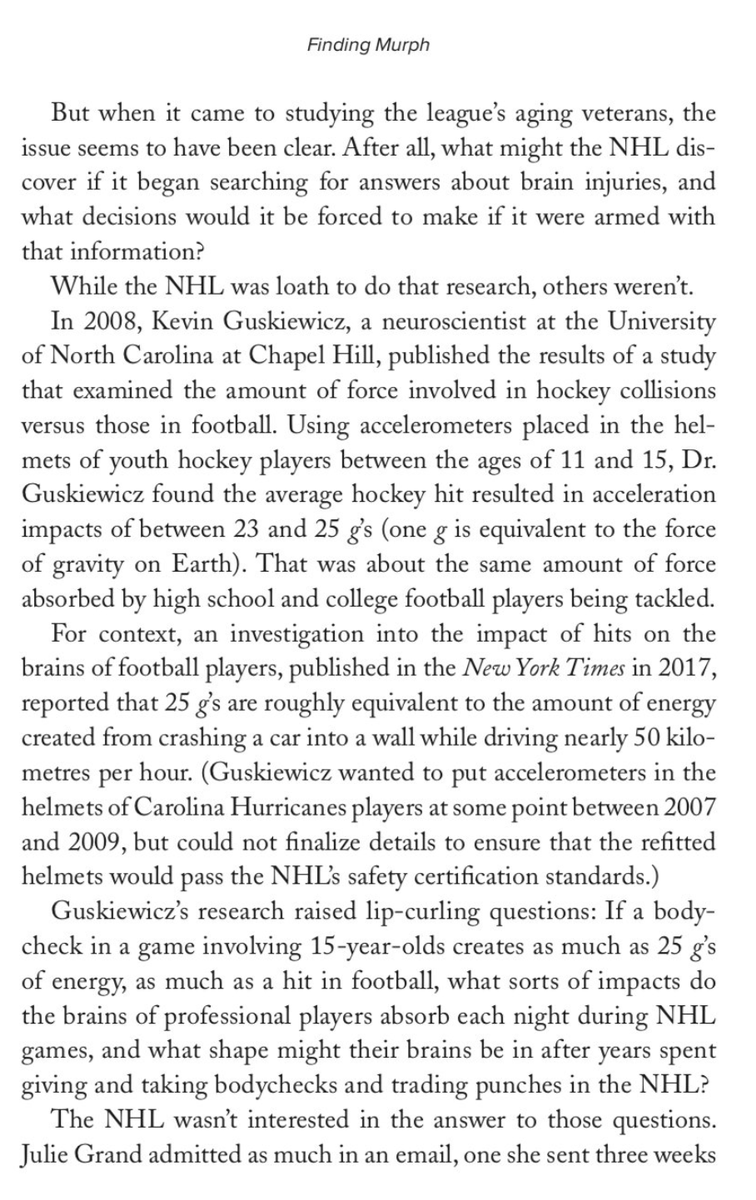 rwesthead's tweet photo. A Harvard University study in 2022 funded by the NFLPA showed NFL players have ~10x risk of being diagnosed with dementia before age 60 than the population.
Meantime, a neuroscientist in 2008 discovered the g-forces of hockey bodychecks ≈ football tackles. I wrote about it in my book Finding Murph.)