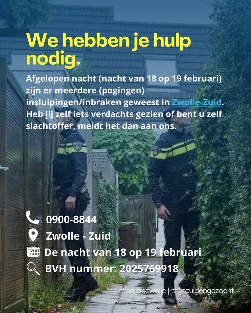 Afgelopen nacht zijn er meerdere (pogingen) insluipingen/inbraken geweest in Zwolle-Zuid. Heb jij iets verdachts gezien of bent u zelf slachtoffer, meld dit dan aan ons. Dit kan via 0900-8844 of via DM.
Check ook uw bewakingscamera als u die heeft.
Registratienummer: 2025769918