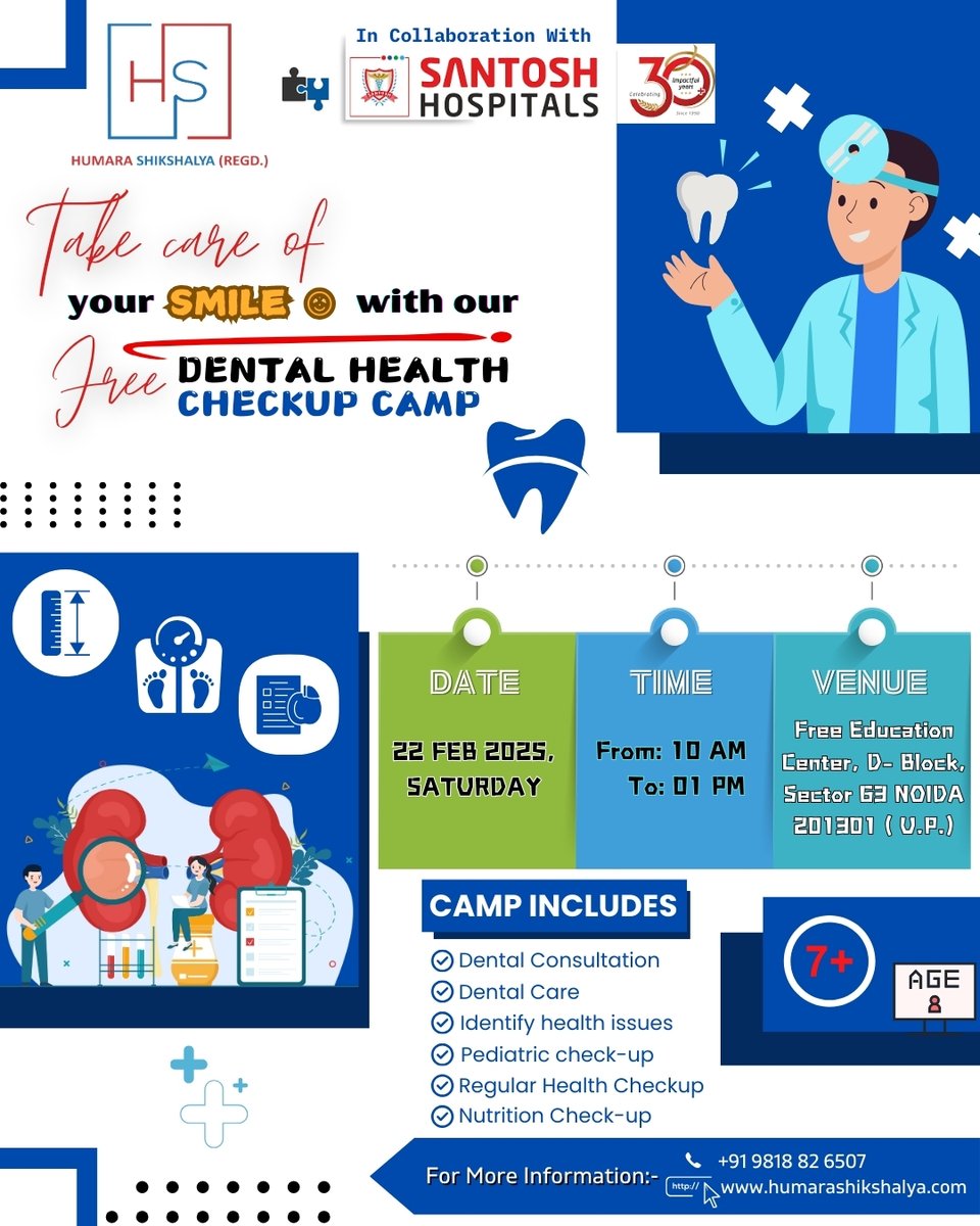 HShikshalya's tweet photo. We’re excited to announce a FREE Dental Checkup, proudly for our NGO kids in collaboration with Santosh Hospitals! Along with it we are providing Pediatric Checkup, Nutrition Support, Height Weight Examine for all.
Contact: +91 9818826507
Tap: https://t.co/GTGVBvg83Z https://t.co/MRFsBYJrCf