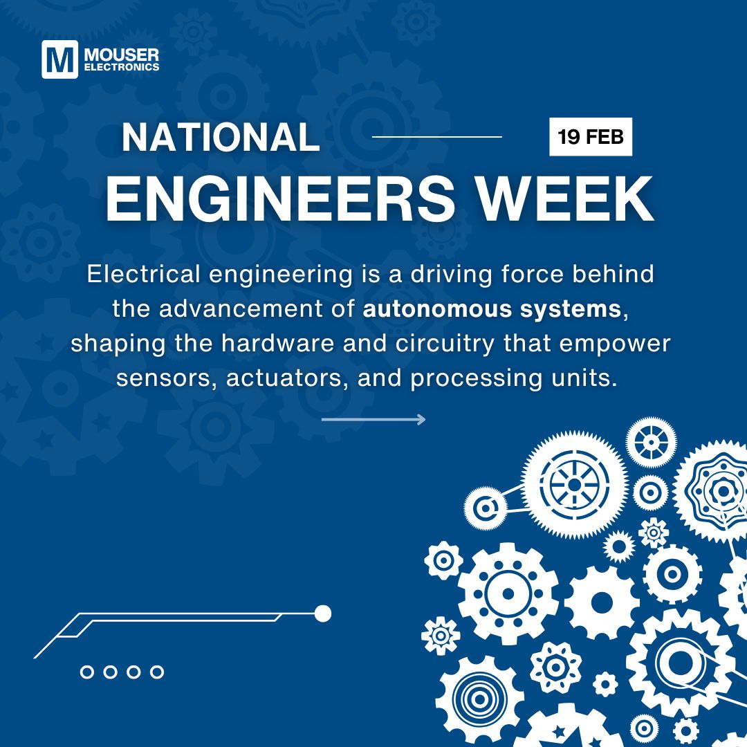 MouserElec's tweet image. Day 4 of Engineers Week! 🌟 We&apos;re celebrating engineers behind autonomous systems revolutionizing industries. Their intelligent machines make life safer, more efficient, and connected. 🌐 

#NationalEngineersWeek #AutonomousSystems