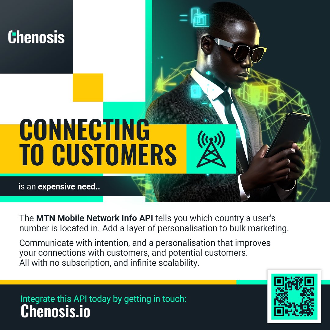 Enhance customer engagement🚀

Optimise your marketing with the MTN Mobile Network Info API-detect a user's country, personalise bulk messaging, and manage databases efficiently. No subscription-infinite scalability!

Get started at chenosis.io/home or DM us to learn more