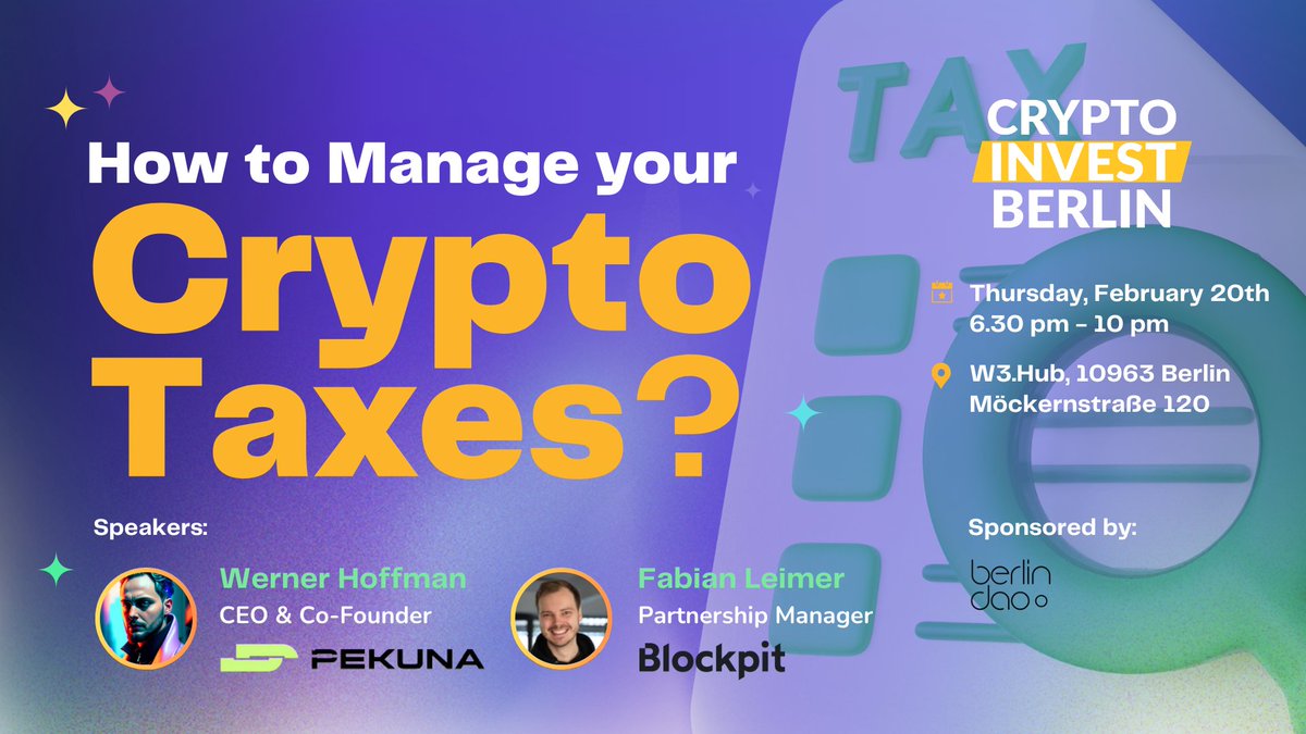 Crypto Invest Berlin (@cryptoinvestbln) on Twitter photo π Berlin Crypto Crew, assemble! π
Tomorrowβs the day! Our next Meetup is happening β and weβre tackling a big one: How to manage your crypto taxes together with <a href="/Pekuna_Steuer/">Pekuna GmbH</a> and <a href="/blockpit_io/">Blockpit - Crypto Tax & Tracking π</a> ! π°π§Ύ
π
Date: Feb 20
π Location: <a href="/w3_hub/">w3.hub (bbw/acc)</a>
ποΈ RSVP now: lu.ma/tqaaq1 π Berlin Crypto Crew, assemble! π
Tomorrowβs the day! Our next Meetup is happening β and weβre tackling a big one: How to manage your crypto taxes together with <a href="/Pekuna_Steuer/">Pekuna GmbH</a> and <a href="/blockpit_io/">Blockpit - Crypto Tax & Tracking π</a> ! π°π§Ύ
π
Date: Feb 20
π Location: <a href="/w3_hub/">w3.hub (bbw/acc)</a>
ποΈ RSVP now: lu.ma/tqaaq1