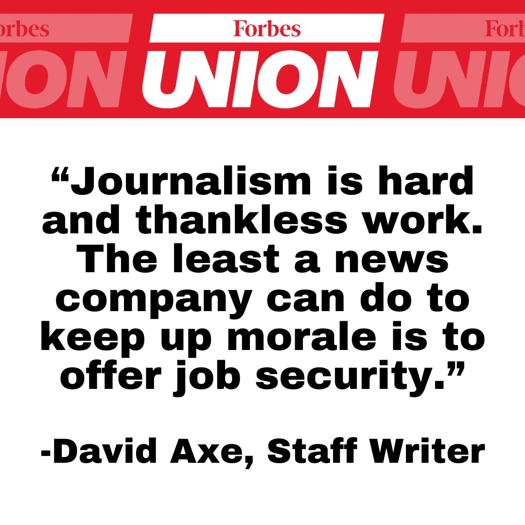 forbesunion's tweet image. Right now, there is zero job security at @Forbes, and management likes it that way. ("At management's discretion" is their favorite phrase.) We need a contract that gives normal protections like guaranteed severance and mandatory heads-up before layoffs. #unionstrong
