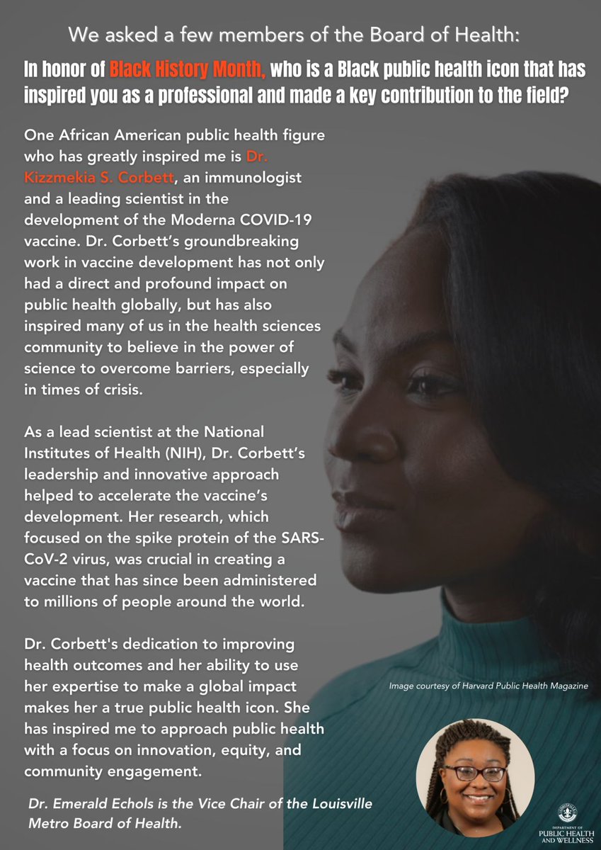To commemorate Black History Month, we asked Emerald Echols, PharmD, MA, vice chair of the Louisville Metro Board of Health, to share her reflections on a public health pioneer who has influenced her.

#BlackHistoryMonth