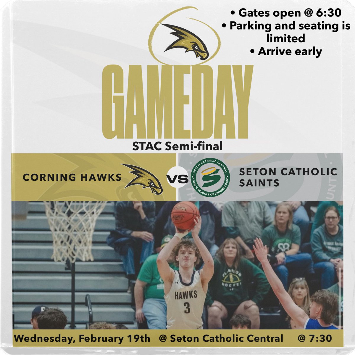 GAME DAY!!!
STAC Semi-final
Wednesday, February 19th
CORNING VS SETON CATHOLIC
@ Seton Catholic Central 
@ 7:30pm
Gates open @ 6:30pm
Parking and seating is limited get there early!!!

Live Stream:  fan.hudl.com/usa/ny/bingham…