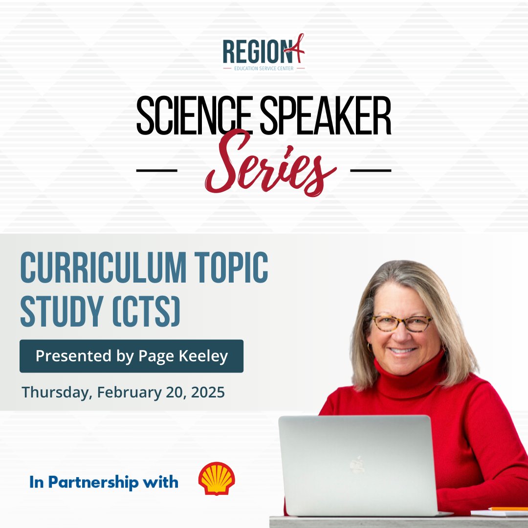 Region 4 Science (@region4science) on Twitter photo Seats are still available for our last 2024-2025 Science Speaker Series session with <a href="/CTSKeeley/">Page Keeley</a>!
Explore tools to align curriculum with research on student thinking and science practices. Plus, receive a copy of Science Curriculum Topic Study! esc4.net/science/scienc… Seats are still available for our last 2024-2025 Science Speaker Series session with <a href="/CTSKeeley/">Page Keeley</a>!
Explore tools to align curriculum with research on student thinking and science practices. Plus, receive a copy of Science Curriculum Topic Study! esc4.net/science/scienc…