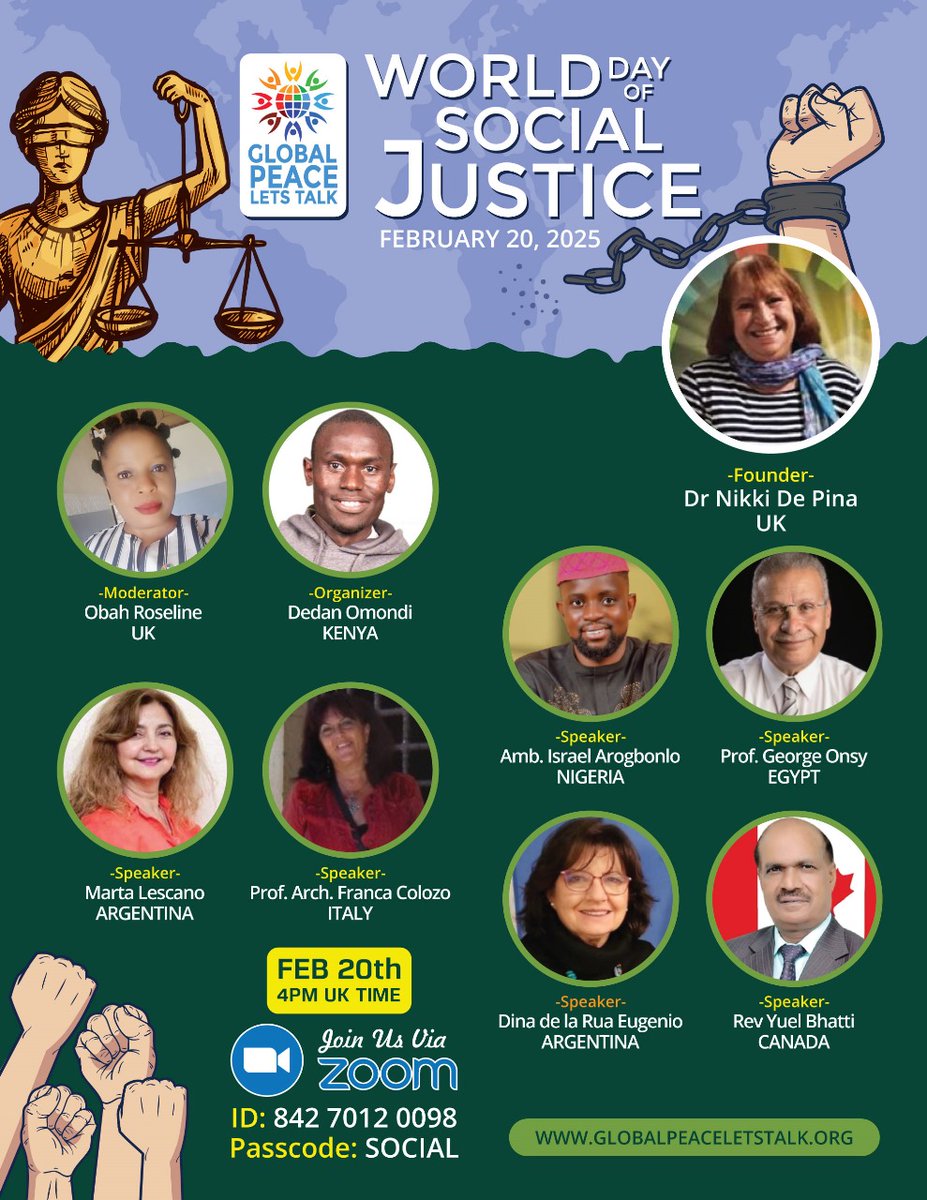 Excited to moderate the @Global <a href="/Peace/">Peace</a> Let's Talk virtual event for @International Day for @Social @Justice 2025! Join us tomorrow at 4 PM <a href="/London/">London</a> time for powerful discussions on fostering just, @inclusive, and @peaceful <a href="/communities/">Communities</a>.

DM me for the Zoom link!