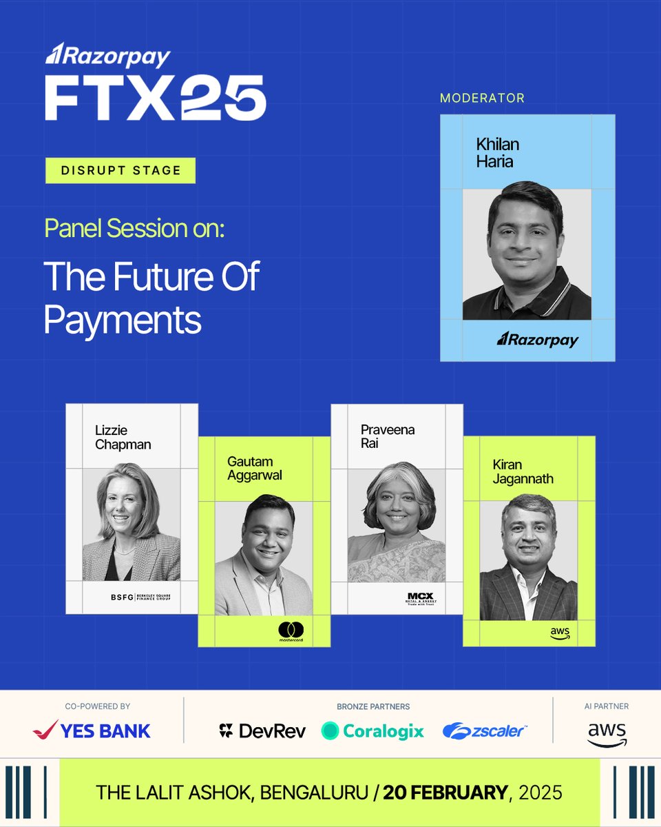 The future of payments is unfolding now! 💳✨

Join Lizzie Chapman, Gautam Aggarwal, Kiran Jagannath, and Praveena Rai as they dive into what’s next for digital payments.

📍 The LaLit Ashok, Bengaluru
Taking place at the Disrupt Stage tomorrow—Be there!

<a href="/MCXIndialtd/">MCX</a> 

#Razorpay