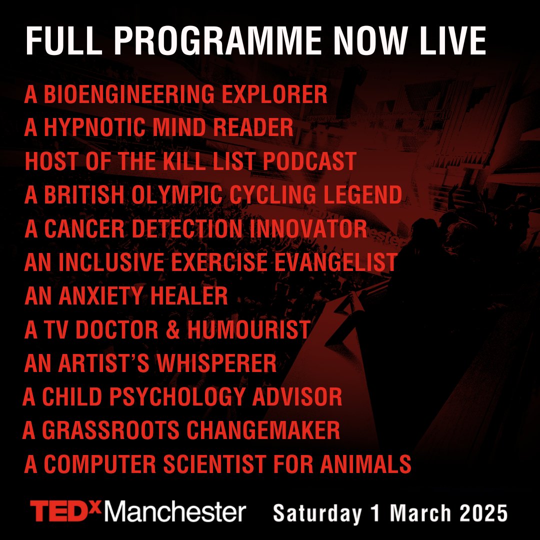 The full #TEDxManchester programme is now live! The team look forward to presenting you with 12 great talks you won’t want to miss including..

🚀 Why Martian research could impact your future home on Earth.
🧠 How you’re being manipulated without your knowledge.
🔥 How you take