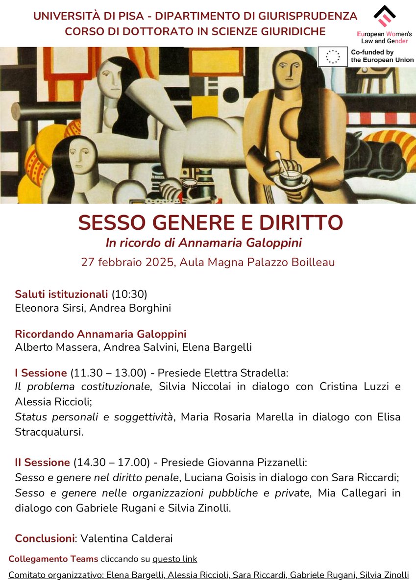 Don't miss the conference ‘Sex, Gender and Law’ organised by the University of Pisa's Ph.D. Course in Law. 

February 27, 2025
Palazzo Boilleau (Pisa) <a href="/Unipisa/">Università di Pisa</a>
Or you can connect via Teams: jus.unipi.it/live/250227-ge… 

#gender #genderights #HumanRights #womenrights #lgbtqia
