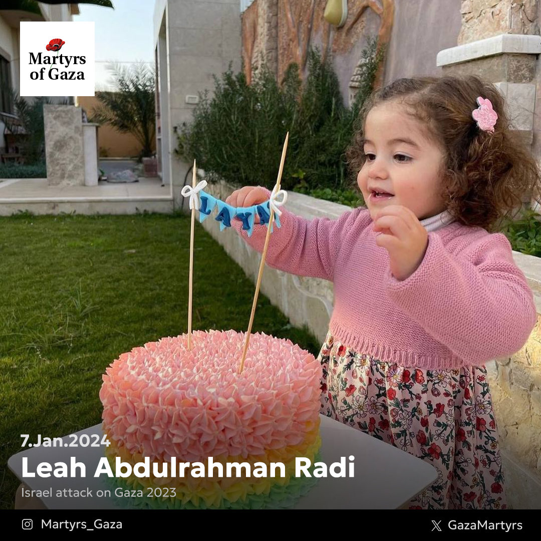 GazaMartyrs's tweet photo. NEVER FORGET!!

Leah Radi (3) was celebrating her third birthday in this picture before being cold-bloodedly killed by Israel on January 7, 2024. https://t.co/Ydhajf906Q