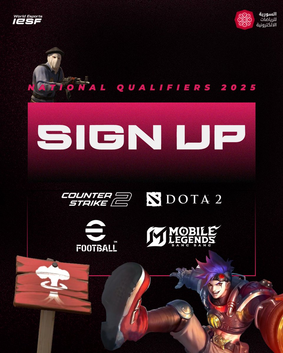 🎮 انطلق نحو العالمية! 🎮

التسجيل مفتوح الآن لخوض التصفيات السورية المؤهلة إلى بطولة العالم للرياضات الإلكترونية WEC25! 🌍
للاستفسارات:
👉 انضم إلى سيرفر الديسكورد: discord.gg/SrjgTEnuS6

#WEC25 #التسجيل_مفتوح #الرياضات_الإلكترونية
🚀 لا تفوت الفرصة!