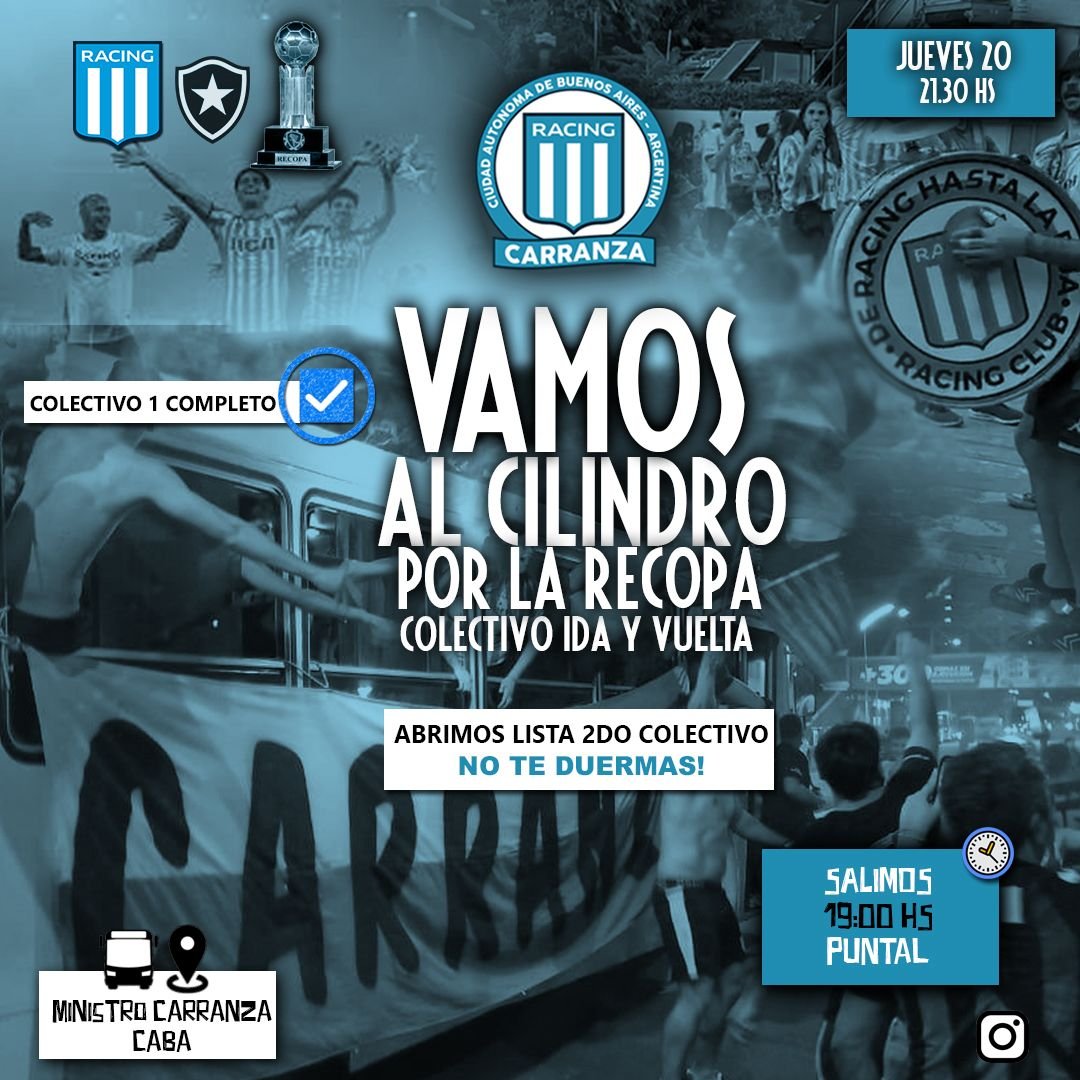 👉 <a href="/Carranza_Racing/">Carranza.Racing</a> ya llenó un micro y tiene lugares para un segundo mañana ante Botafogo.

🚌 Ida y vuelta.
🕖 Salida: 19hs (puntual).
📍 Viaducto Carranza (Palermo).

⚠️ Se agrade el RT para difundir ⚠️