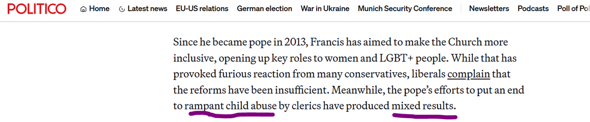 poperespecter1's tweet image. This is an article from Politico today. They describe clergy abuse as "rampant" and Pope Francis's efforts to end it "mixed". Lies. 

Just a reminder that in 2023 there were 13,000 accusations of sexual misconduct in US Public schools. US priests had 3. The lying needs to stop.
