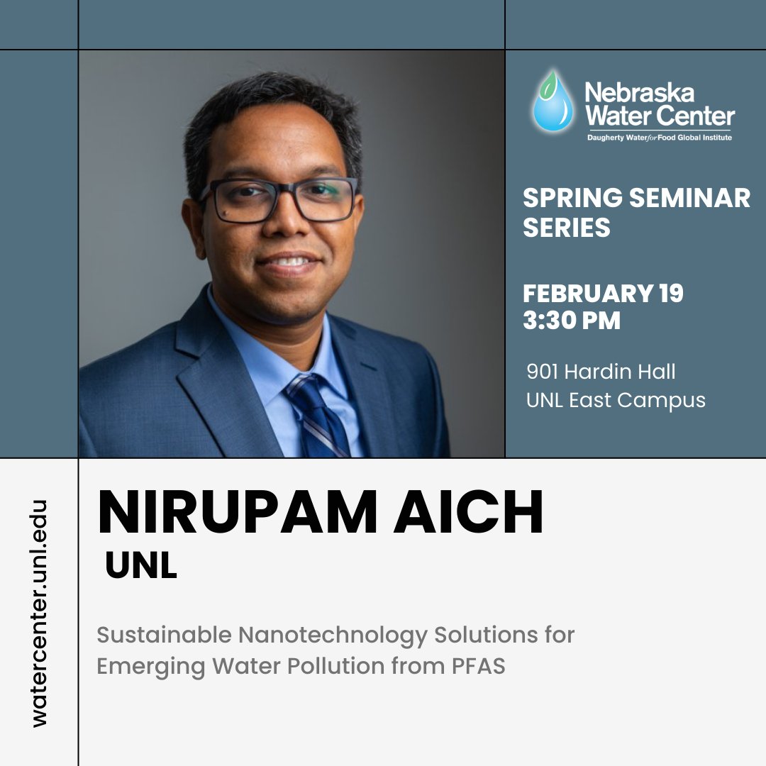 Nebr. Water Center (@nebrwatercenter) on Twitter photo Join us this afternoon to hear <a href="/NirupamAich/">Nirupam Aich</a> discuss technology to address PFAS as part of the Spring Seminar Series.
🗓️February 19, 3:30 - 4:30 p.m.
📍901 Hardin Hall, UNL East Campus Join us this afternoon to hear <a href="/NirupamAich/">Nirupam Aich</a> discuss technology to address PFAS as part of the Spring Seminar Series.
🗓️February 19, 3:30 - 4:30 p.m.
📍901 Hardin Hall, UNL East Campus