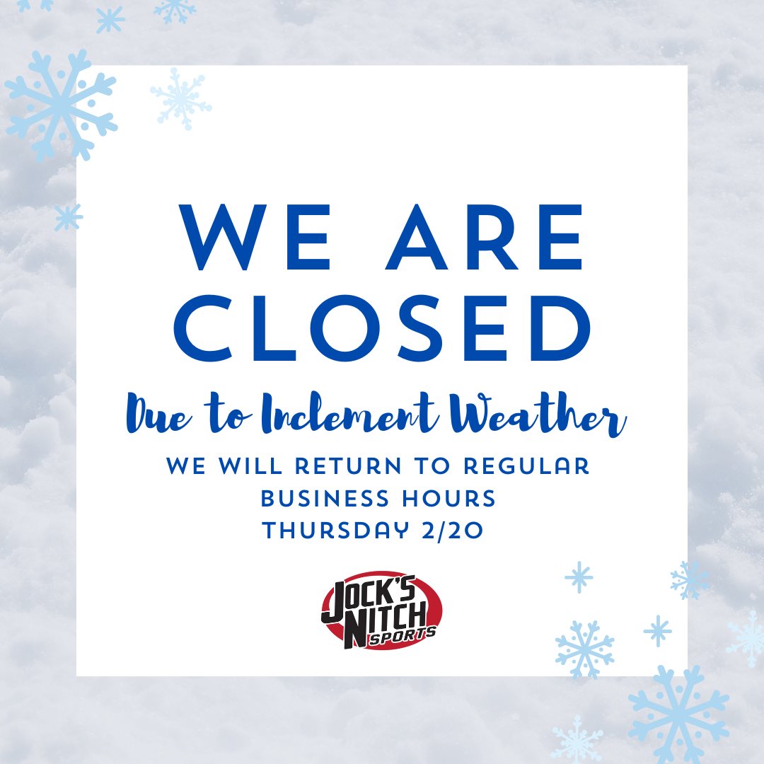 We will be closed today to due inclement weather.
We will return to regular business hours Thursday 2/20.❄️