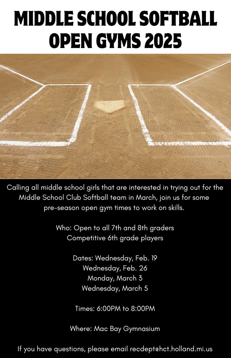 Are you interested in playing softball on the West Ottawa Middle School 7th/8th Grade Club team for the upcoming 2025 spring season? If so, join us for some open gyms before the season starts! The first one is tonight. 🥎

#hollandtwprec #opengyms #softball #womssoftball