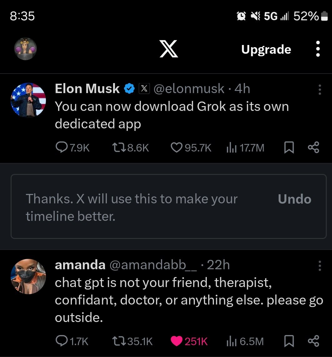 _TheLurker_'s tweet image. The duality of my TL #GrokApp #GoOutside