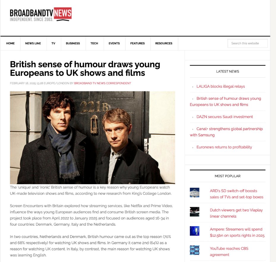 Dr Matt Hilborn (@matthewhilborn) on Twitter photo 🚨New Report!🚨 Our @screenbritain Final Report—funded by <a href="/ahrcpress/">Arts and Humanities Research Council</a> at <a href="/KingsCollegeLon/">King's College London</a>—is out!📺
Key takeaway? European audiences love British humour for being "ironic" and "unique"! 🇬🇧😂
🔗 doi.org/10.18742/pub01…
Terrific media coverage (including The Times, C21, etc)👇 🚨New Report!🚨 Our @screenbritain Final Report—funded by <a href="/ahrcpress/">Arts and Humanities Research Council</a> at <a href="/KingsCollegeLon/">King's College London</a>—is out!📺
Key takeaway? European audiences love British humour for being "ironic" and "unique"! 🇬🇧😂
🔗 doi.org/10.18742/pub01…
Terrific media coverage (including The Times, C21, etc)👇