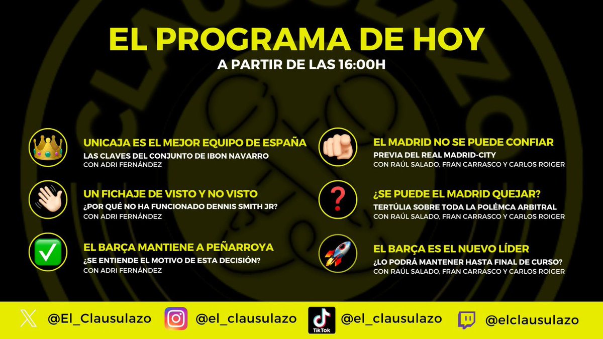 ‼️PROGRAMA #47

🏀 UNICAJA ES ¿EL MEJOR EQUIPO DE ESPAÑA? | con <a href="/Adripubill/">Adrian Rodriguez</a> 

❓¿SE PUEDE EL MADRID QUEJAR DE ÁRBITROS? | Tertulia con <a href="/RaulSalado01/">Raúl Salado</a>, <a href="/CarlosRoiger/">Carlos Roiger</a> y Fran Carrasco

🔥 EL BARÇA ES EL NUEVO LÍDER DE LA LIGA

🚨A PARTIR DE LAS 16.00H en twitch.tv/elclausulazo