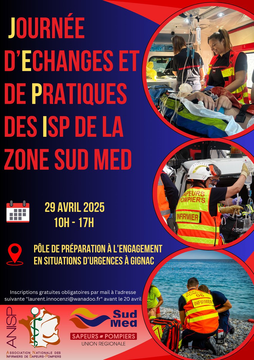 APSSSM83 (@apsssm83) on Twitter photo #info | Dans le cadre de l’activité de la commission de la Sous-direction santé <a href="/Pompiers_du_Sud/">Sapeurs-Pompiers Sud Med</a> il sera organisé une « Journée d’échanges et de pratiques des ISP de la zone Sud Med » le 29 avril 2025 de 10h à 17h à Gignac (34). Inscriptions : secretariat@ursudmed.fr. #info | Dans le cadre de l’activité de la commission de la Sous-direction santé <a href="/Pompiers_du_Sud/">Sapeurs-Pompiers Sud Med</a> il sera organisé une « Journée d’échanges et de pratiques des ISP de la zone Sud Med » le 29 avril 2025 de 10h à 17h à Gignac (34). Inscriptions : secretariat@ursudmed.fr.