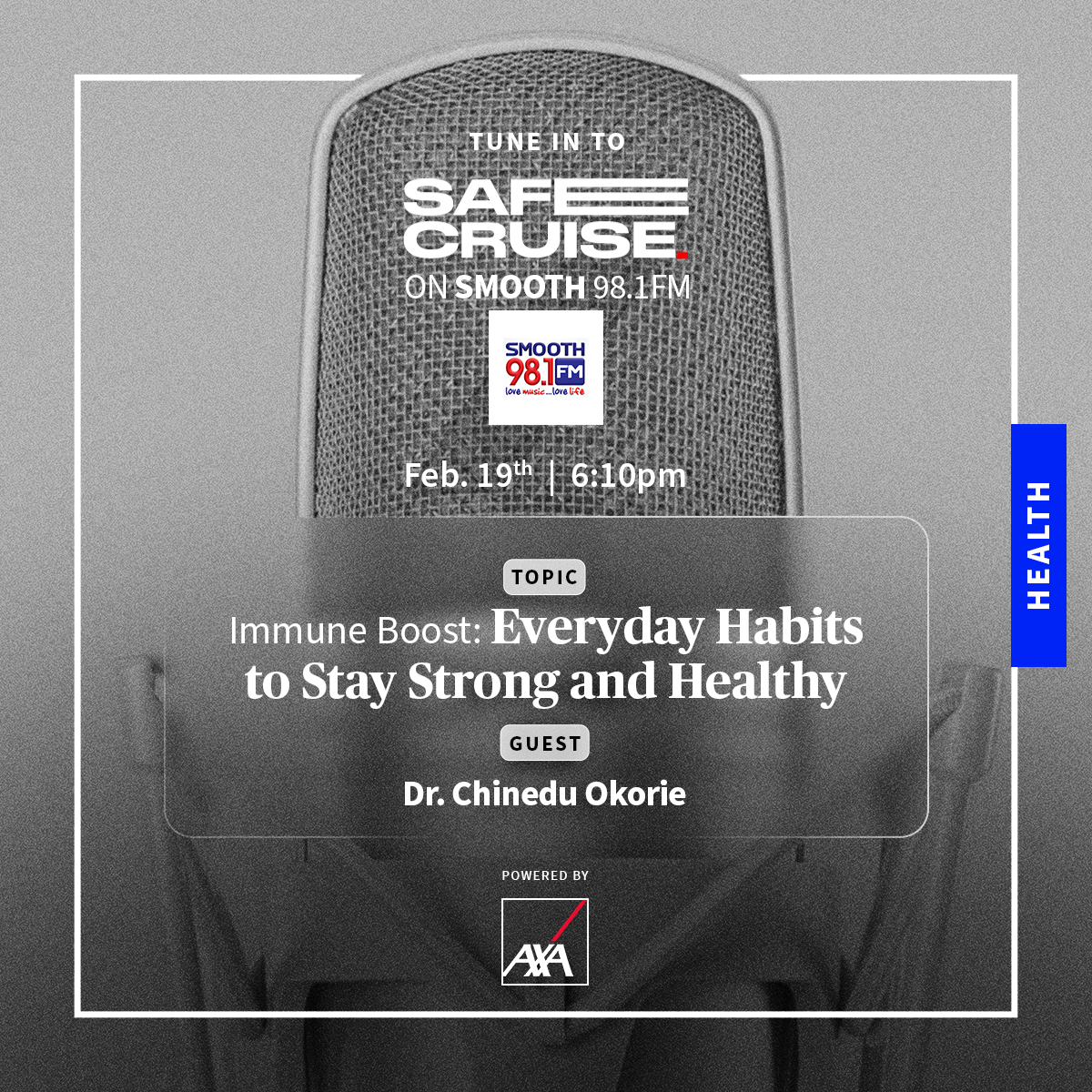 Don’t forget to tune in to Safe Cruise today at 6:10 PM!

Today, we'll be discussing everyday habits we can adopt to stay strong and healthy. Don't Miss Out!

#AXAMansard #knowyoucan