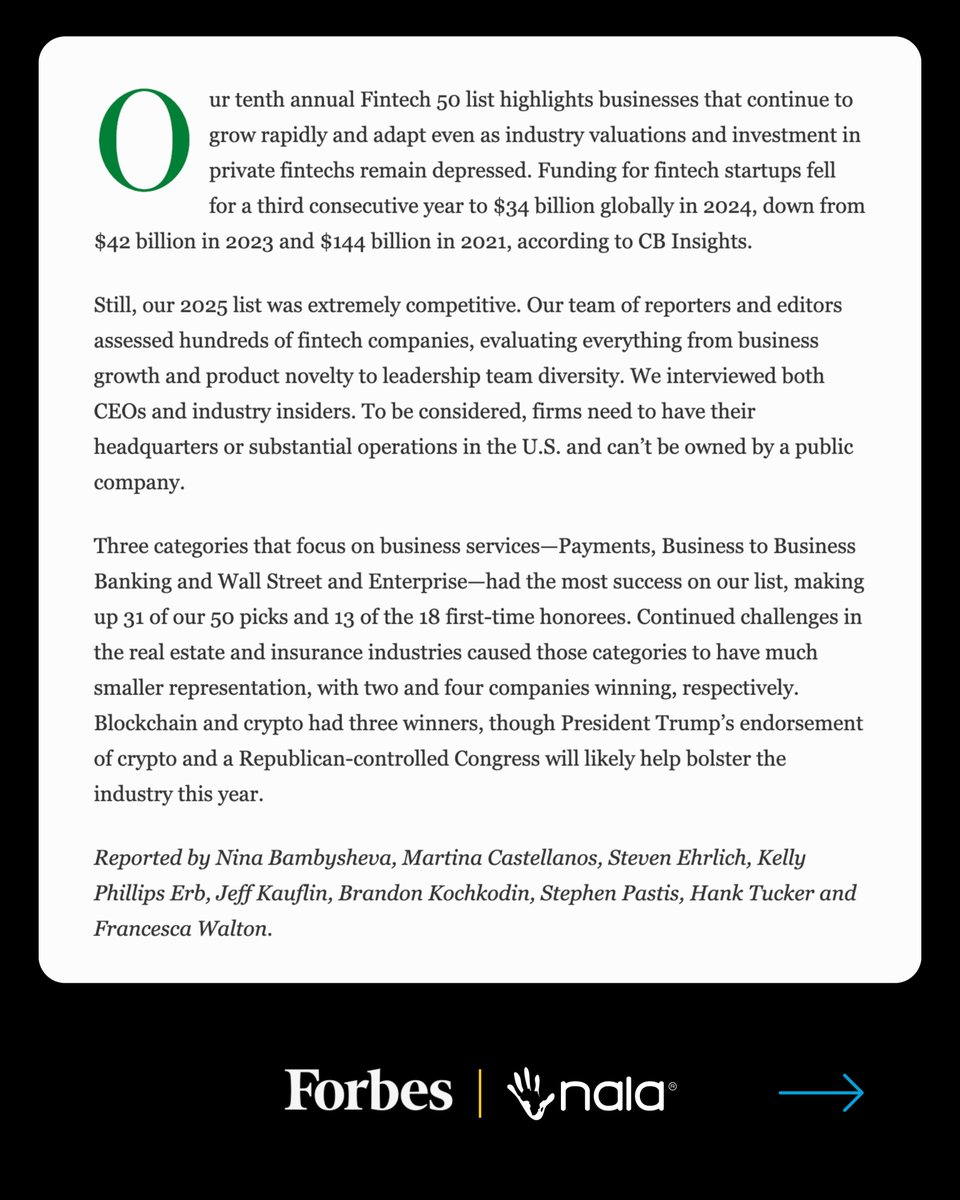 Benji_Fernandes's tweet image. Excited to share that NALA has been listed among the Top 50 Fintechs by Forbes for 2025! 🚀

I'm proud of the incredible hard work of our teams at @rafiki_api  and @NALAmoney have done over the years with our ambition to Build Payments for #TheNextBillion.

This is just the…