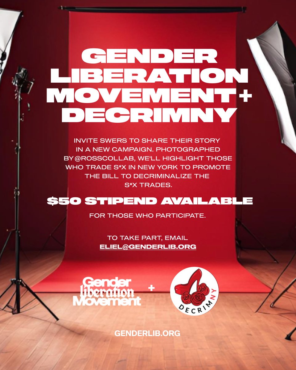 Spots open!! 📸

Photoshoot this weekend with <a href="/genderlib4all/">GENDER LIBERATION MOVEMENT</a>. Share your story in a new campaign! Photographed by <a href="/rosscollab/">rosscollab</a>, we'll highlight SWrs in NY to promote Cecilia's Act, the bill to decrim SW. $50 stipend available.

 📧Email: eliel@genderlib.org if interested