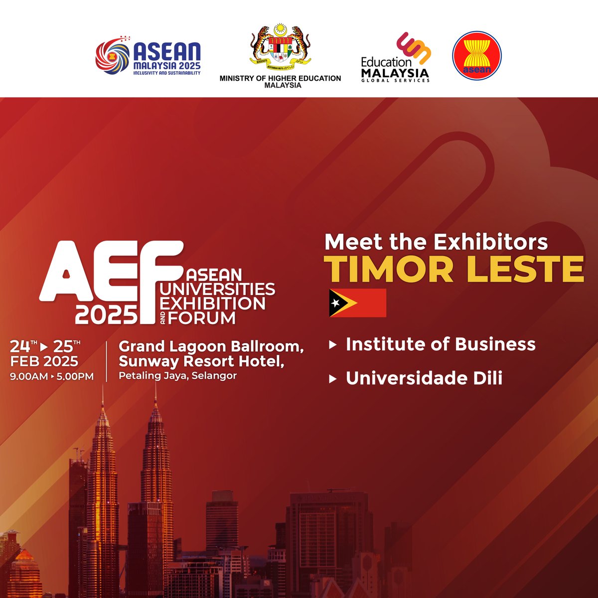 🎓 ASEAN Universities Exhibition &amp; Forum 2025 (AEF2025) – Timor Leste Exhibitors List 🇹🇱

Here’s the official exhibitor list of Timor Leste universities joining AEF2025! Meet representatives from these institutions and explore your study opportunities in Timor Leste.

📍 Grand