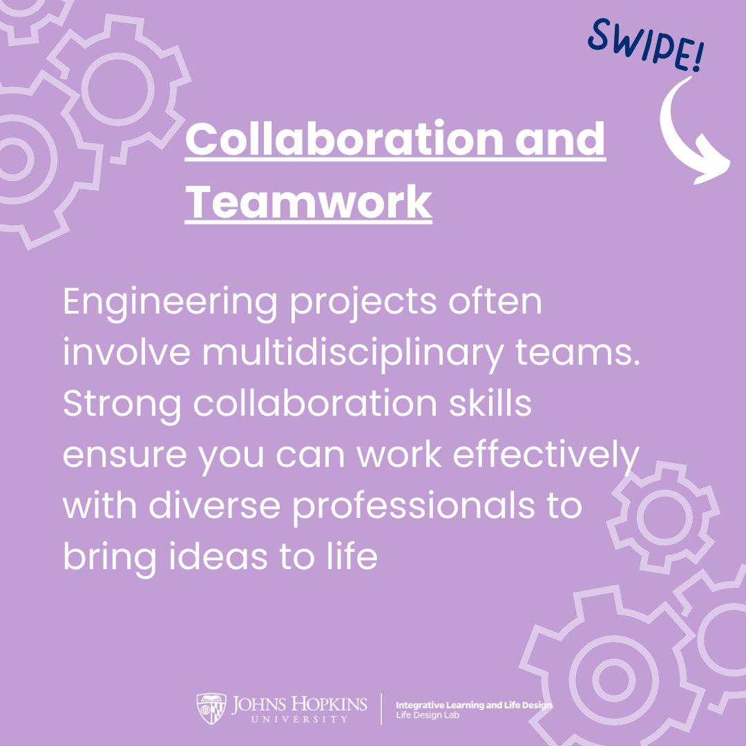 lifedesignjhu's tweet image. Engineering is more than solving problems—it’s about creativity, teamwork, and adaptability in a fast-changing world. 🌍💡 Swipe through to uncover the essential skills that will help you thrive in this innovative field.  #LifeDesignLab #JHU #EngineeringCareers  #FutureEngineer