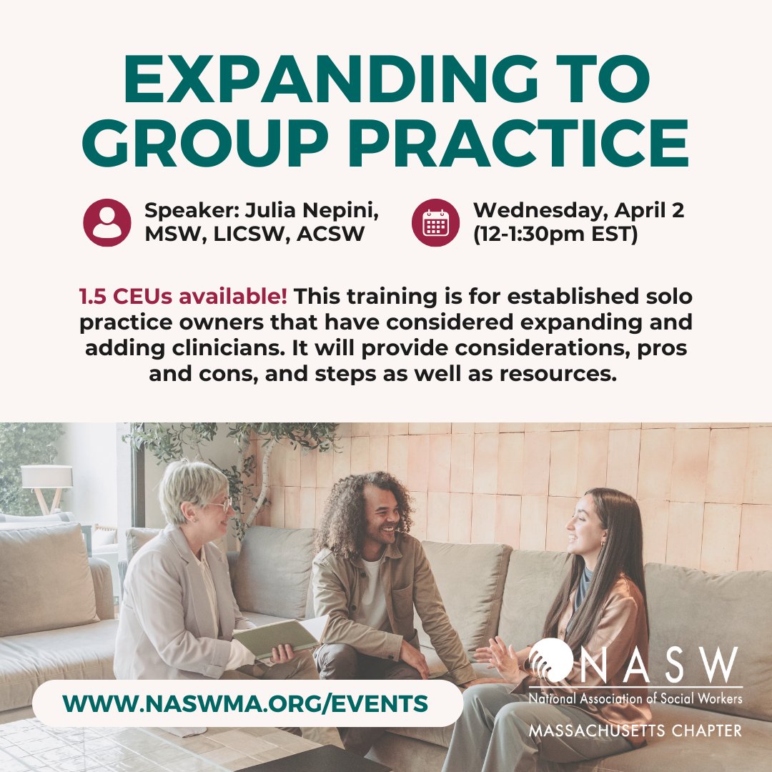 Register for our upcoming webinar "Expanding to Group Practice" with Julia Nepini MSW, LICSW, ACSW. This training is for established solo practice owners that have considered expanding and adding clinicians. Earn 1.5 CEUs on Wednesday, April 2: naswma.org/events