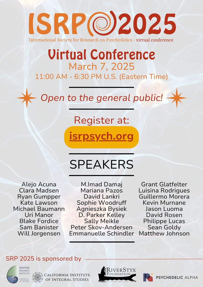 Johns Hopkins Psychedelic Research Center (@jhpsychedelics) on Twitter photo The International Society for Research on Psychedelics (ISRP) is hosting their conference virtually this year on March 7, 2025! Register today to watch presentations by CPCR postdoctoral research fellows Drs. Sean Goldy (<a href="/SeanPGoldy/">Sean Goldy</a>) and Dave Rosen (<a href="/DocDurDur/">David S. Rosen, PhD</a>), as well as many The International Society for Research on Psychedelics (ISRP) is hosting their conference virtually this year on March 7, 2025! Register today to watch presentations by CPCR postdoctoral research fellows Drs. Sean Goldy (<a href="/SeanPGoldy/">Sean Goldy</a>) and Dave Rosen (<a href="/DocDurDur/">David S. Rosen, PhD</a>), as well as many