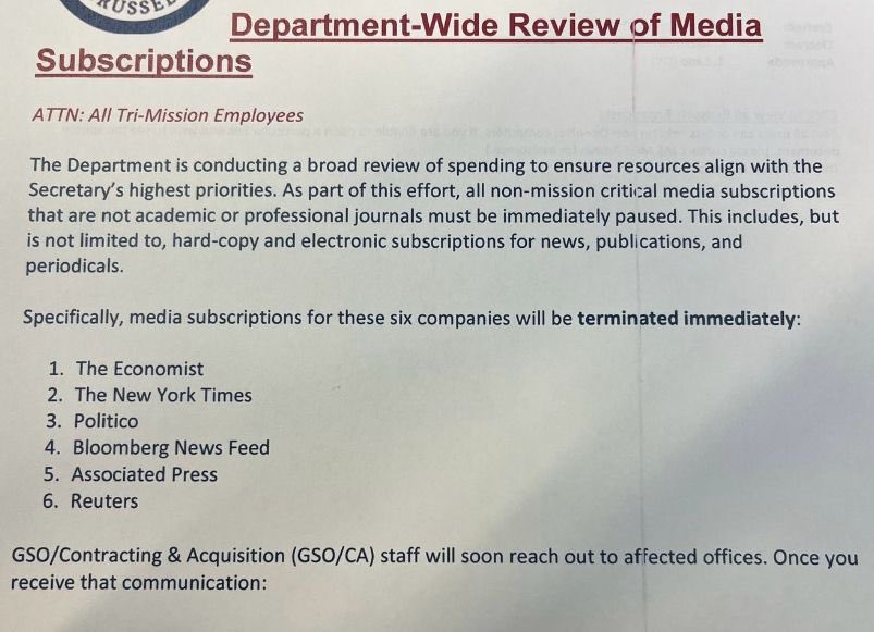 The US State Department is forcing all of its employees to cancel subscriptions to any Trump-unfriendly media.