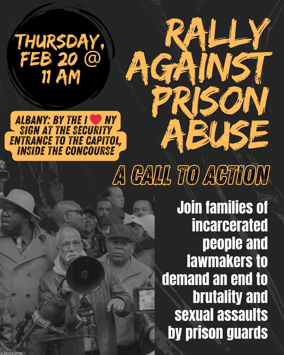 JOIN US: Thurs. @ 11am, we're rallying in NYC + Albany to demand an end to prison abuse. Guards have brutalized, sexually assaulted &amp; killed Black and brown people in New York's prisons for decades. We demand basic rights for incarcerated people, real pathways to release &amp; more.