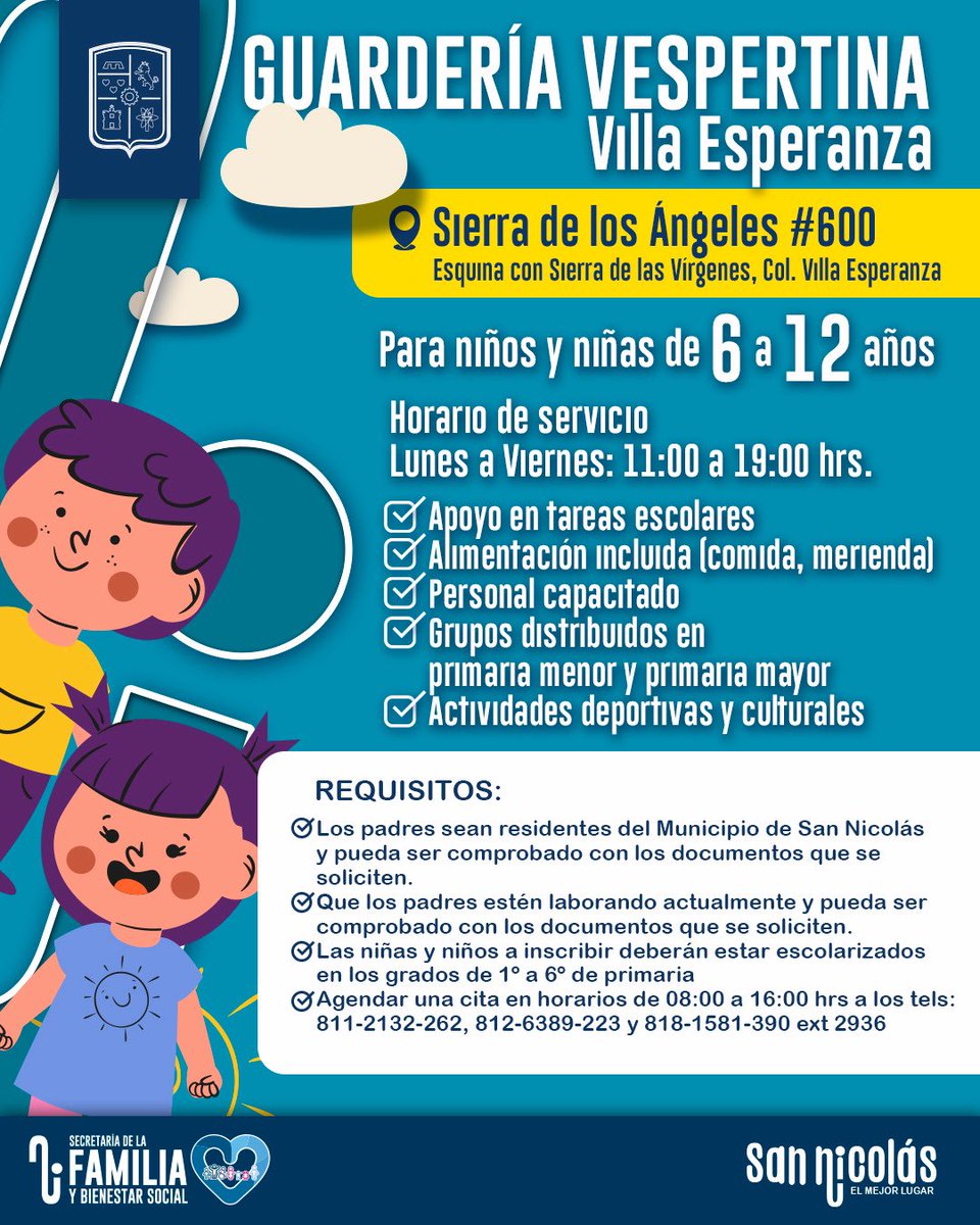 ¡Tu hijo merece lo mejor!

En la Guardería Vespertina Villa Esperanza, encontrarás un hogar seguro y amoroso para que tus hijos crezcan y aprendan.

📍En Sierra de los Ángeles #600, Col. Villa Esperanza
➡️Para niños y niñas de 6 a 12 años