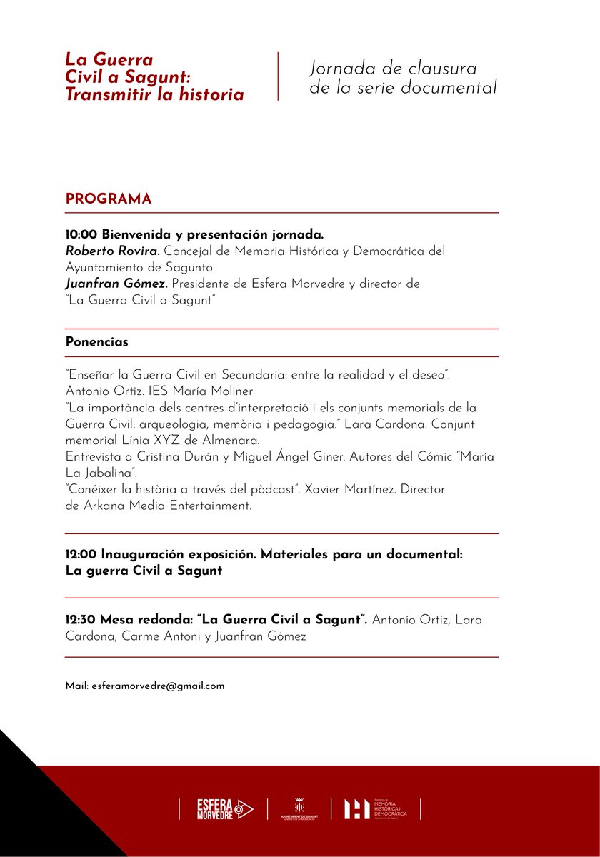 🎞️ Jornada de clausura de la sèrie documental 'La Guerra Civil a Sagunt' amb ponències, meses redones i entrevistes a experts en la matèria sota el lema 'Transmetre la historia'

📍 Casal Jove Port de Sagunt
🗓️ 1 de març
🕔 10 hores

🔗 lc.cx/HGko0y