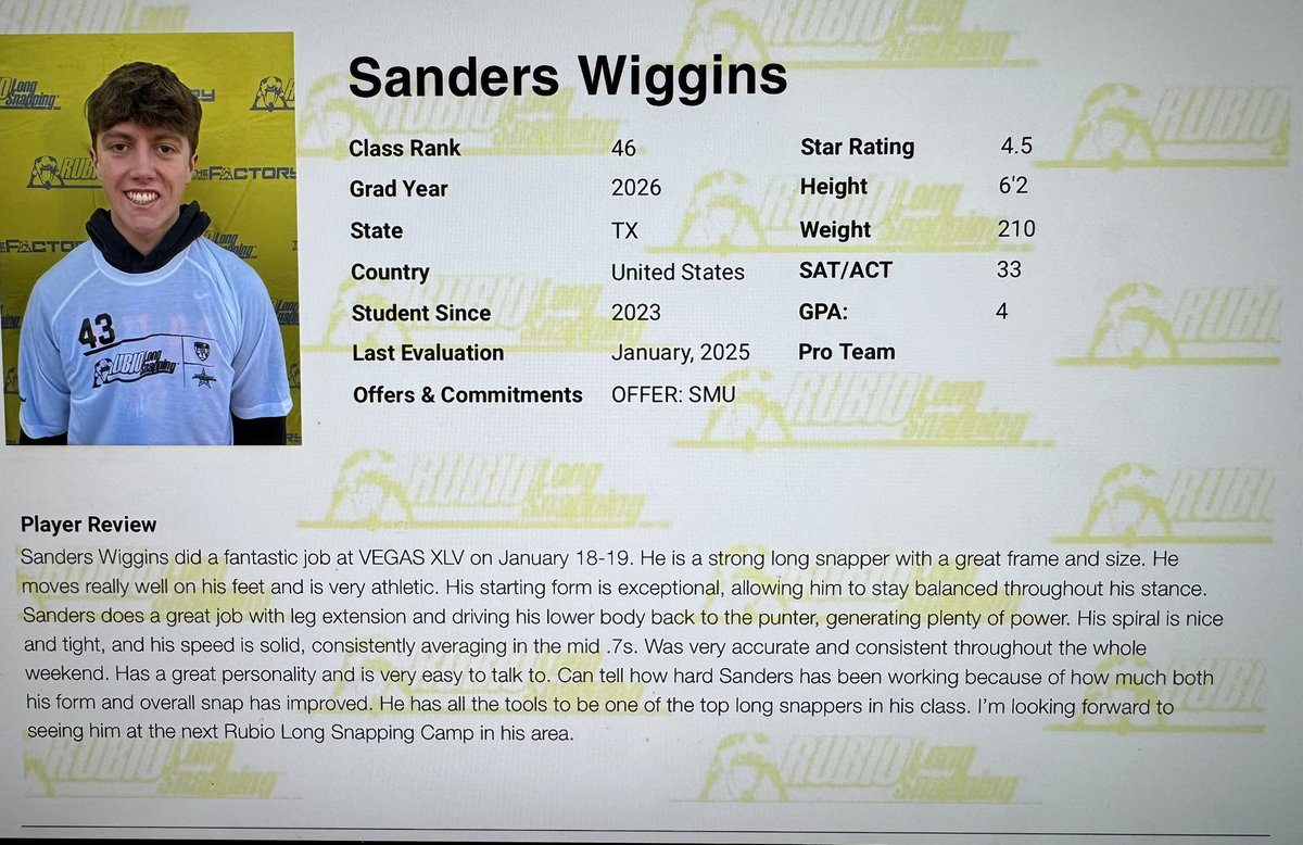 Had a good Vegas camp and got a new 4.5 ⭐️ rating by Rubio Long Snapping!  Ready to keep grinding.  <a href="/TheChrisRubio/">Rubio Long Snapping®</a> <a href="/finchmachine96/">J. Finch</a> <a href="/Bobby_Joe_14/">Bobby Joe</a> <a href="/StanfordGerry/">Gerry Stanford</a> <a href="/THighFootball/">Texas High Tiger Football 🏈</a> <a href="/THighRecruiting/">Texas High Football Recruiting</a> <a href="/CoachLong73/">Ben Long</a> <a href="/Eric_Sutton4/">Eric Sutton</a>
