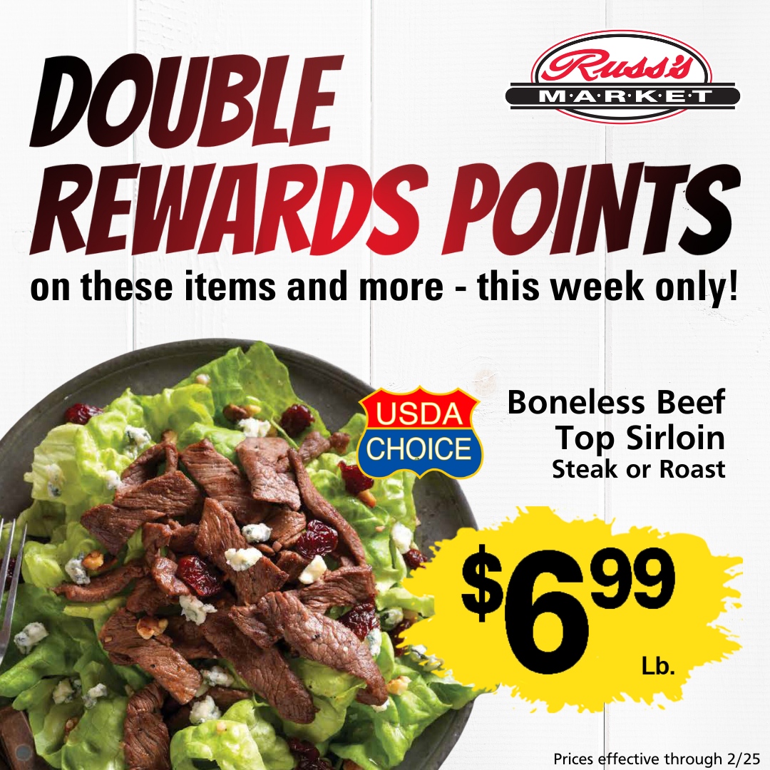 RussMarket's tweet image. It's a Double Rewards Week! This week only, earn 10 POINTS per dollar spent when you use your Russ's Rewards Card at checkout. Enjoy great deals on top grocery items and earn extra Rewards Points while you're doing it! 

Find more deals for the week at russmarket.com/weekly-ad
...