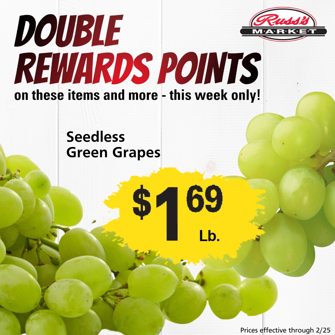 RussMarket's tweet image. It's a Double Rewards Week! This week only, earn 10 POINTS per dollar spent when you use your Russ's Rewards Card at checkout. Enjoy great deals on top grocery items and earn extra Rewards Points while you're doing it! 

Find more deals for the week at russmarket.com/weekly-ad
...